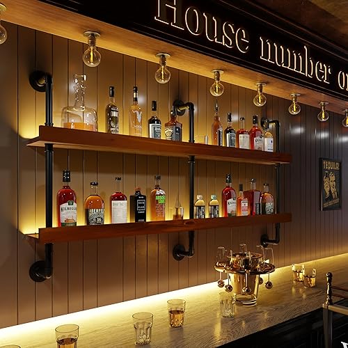 Miniatura 20 de Estante industrial para vino montado en la pared, estante de madera maciza con soportes de tubo de metal, organizador colgante rústico de 2 niveles