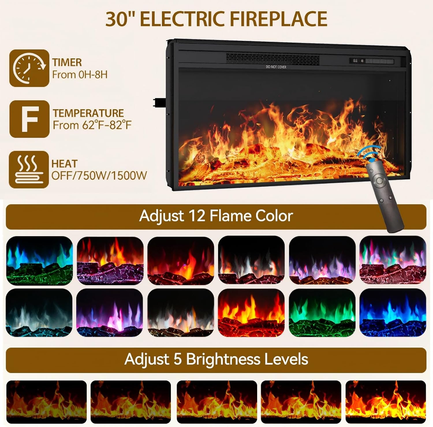 70" Fluted Fireplace TV Stand for TVs Up to 80 Inches, Entertainment Center with 30" Fireplace, Reeded Glass Door, Sliding Doors & Ajustable Shelves, Media TV Console for Living Room, Oak - Image 4