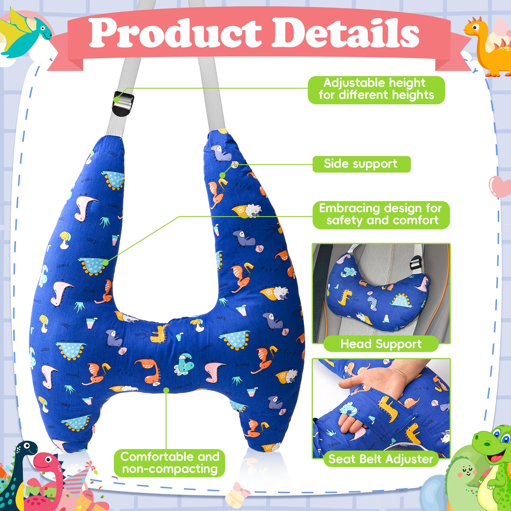 Coussin de Voyage pour Enfant Voiture, Oreiller Voiture Enfant H, Coussin Voiture Enfants Dormir, Lavable, Réglable Et Respirant, pour Les Longs Trajets En Voiture (Dinosaure-3)