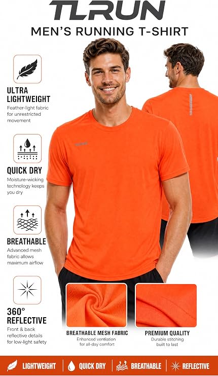 TLRUN Men's Ultra Lightweight Running Shirts Dry Fit Marathon Top Tee Cool Short Sleeve Athletic T-Shirts