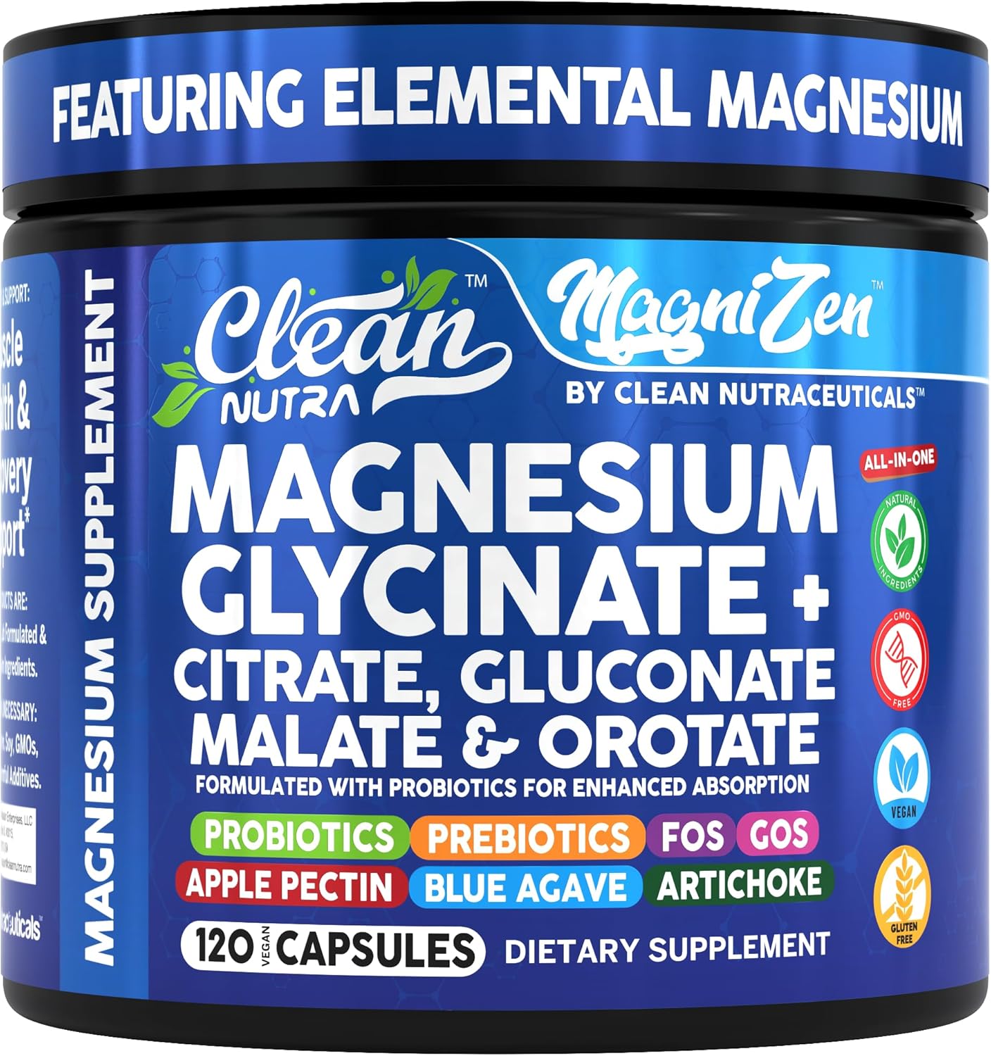 Clean Nutra Magnesium Glycinate Citrate Malate Orotate Taurate Supplement Complex + 10 Strain Probiotic Prebiotics FOS GOS Inulin Sleep Calm Support Apple Pectin – 120 Vegan Capsules