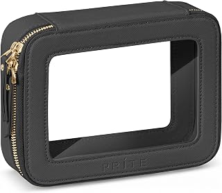 Prite Clear Makeup Bag Cosmetic Organizer Case Waterproof Travel Toiletry Bag Skincare Pouch with Golden Zipper(Black)