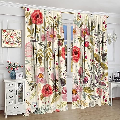 Miniatura 367 de Retro 70s Floral Blackout Window Curtains, Watercolor Flower Plant Rustic Modern Style Pattern Window Drapes, for Bedroom Living Room 42x45in 2