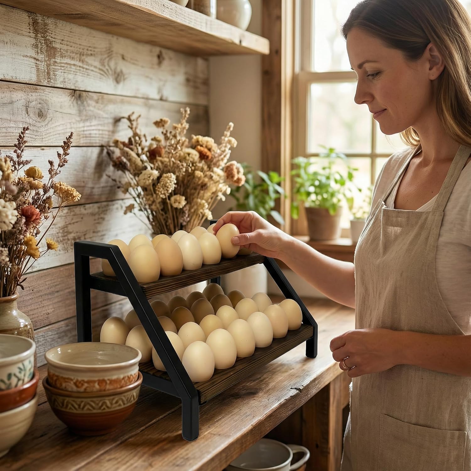 2-Tier Egg Holder for Countertop, Wood and Metal Rack with Handle