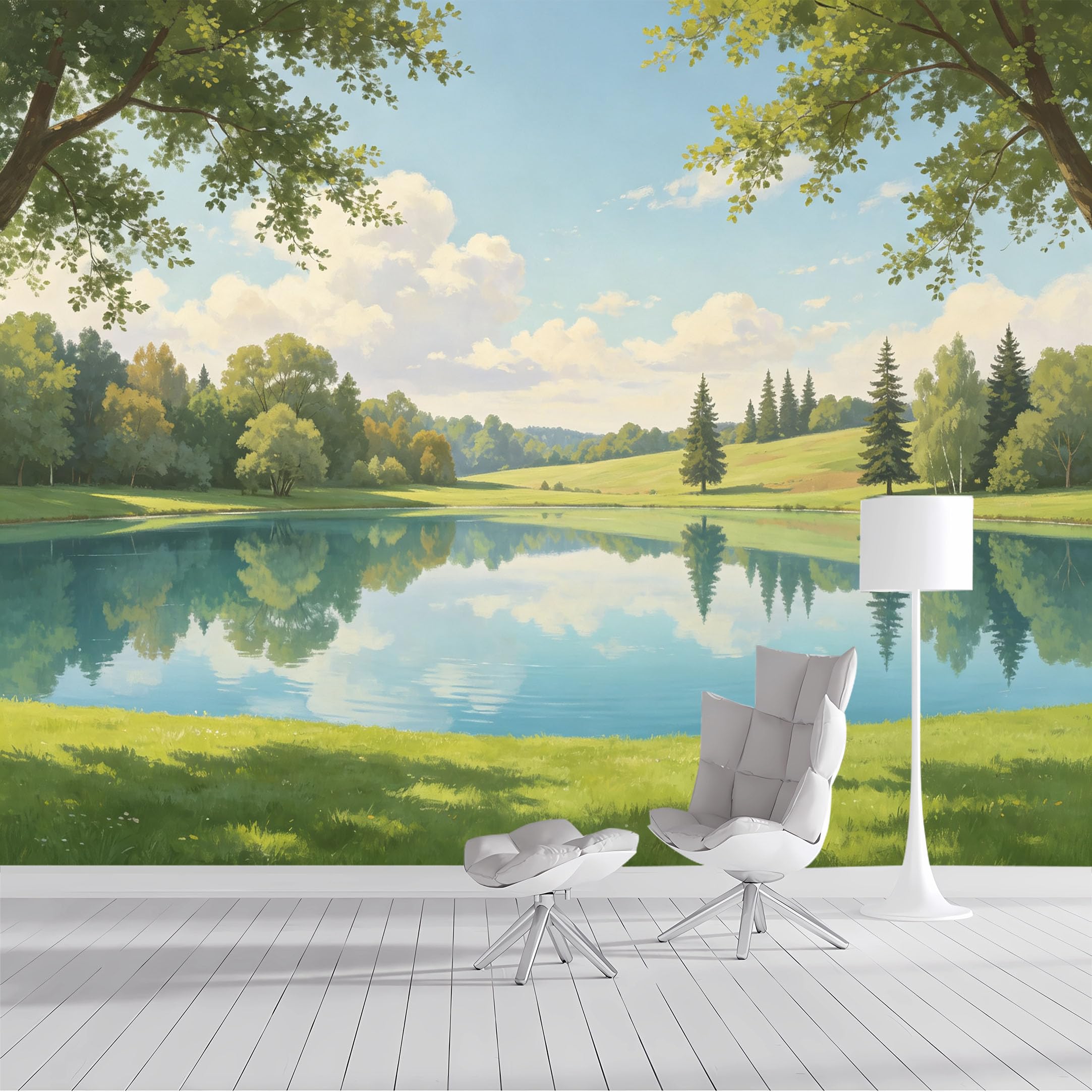 Custom Size Wall Mural Pastoral Lake Landscape Watercolor Scenic Reflection SelfAdhesive Wall Fabric Removable Peel and Stick Wallpaper Wall Decor for Living Room Bedroom Bathroom