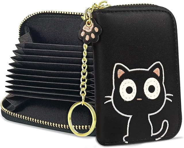 conisy Cute Credit Card Holder for Women,Small Leather Zipper RFID Blocking Card Holder Wallet with Removable Keychain (Black cat)