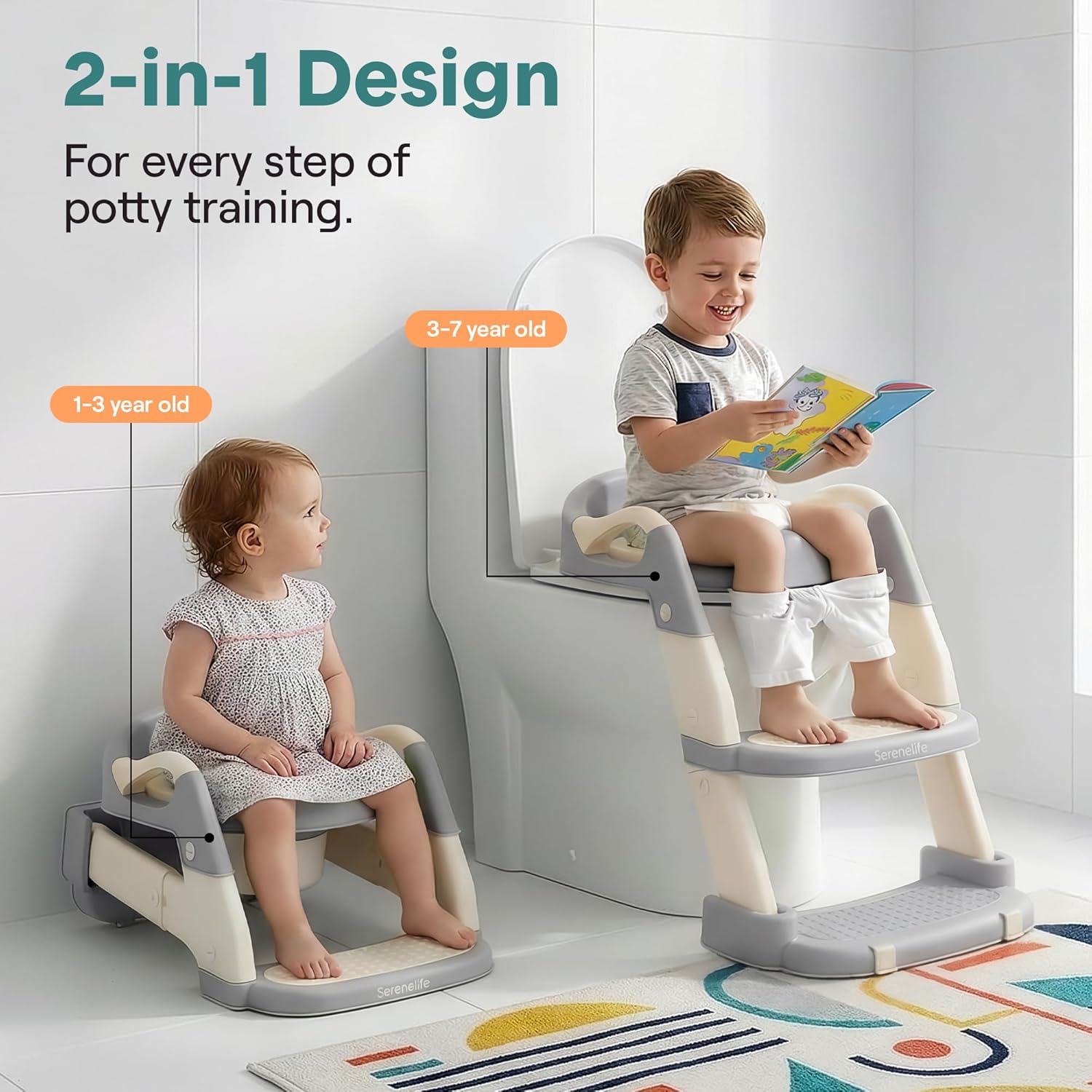 SereneLife 2-in-1 Potty Chair & Potty Training Seat with Step Stool Ladder - Height Adjustable Kids/Toddler Toilet Seat with Stable Anti-Slip Design, Cushioned Seat & Splash Guard For Boys Girls - Image 2