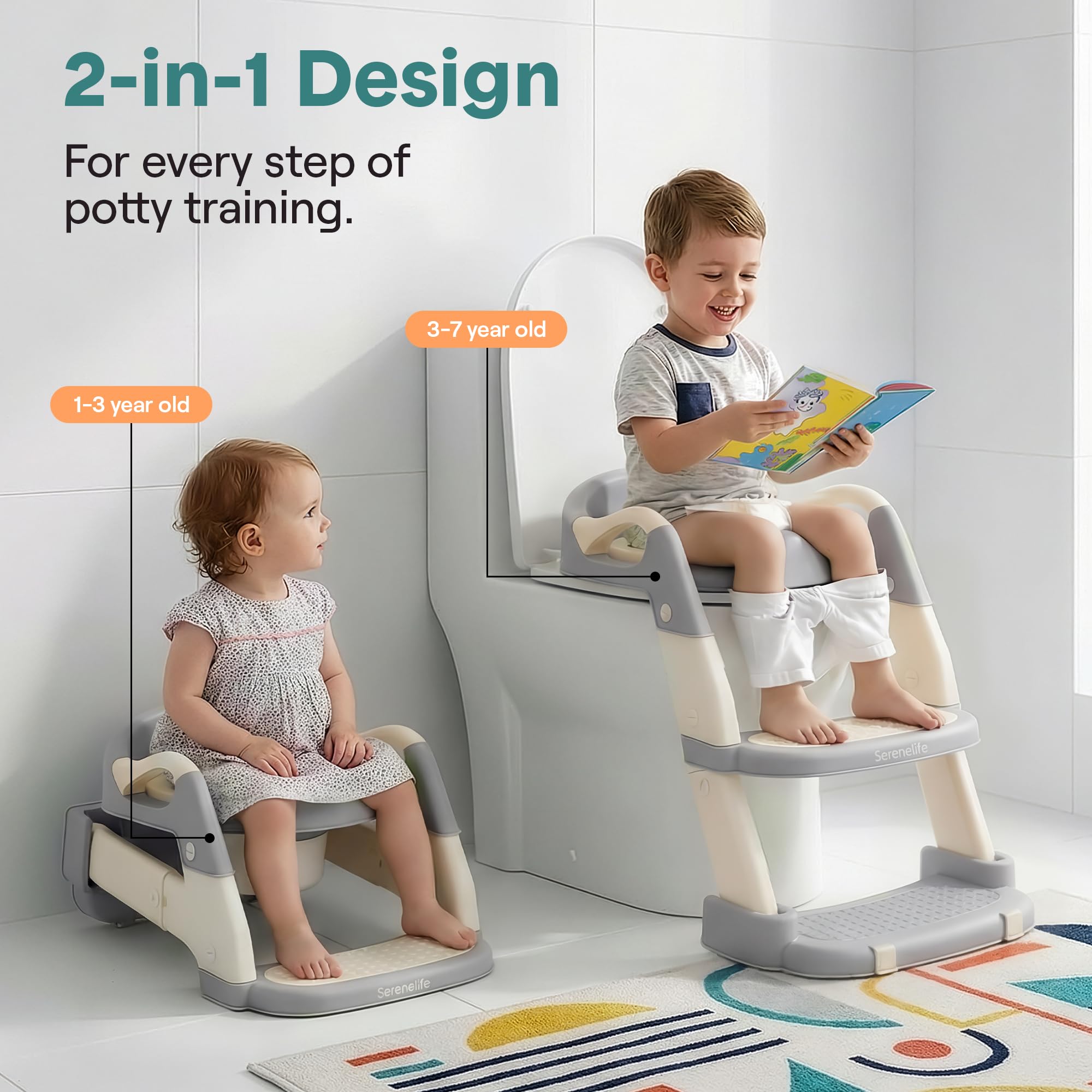 SereneLife 2-in-1 Potty Chair & Potty Training Seat with Step Stool Ladder - Height Adjustable Kids/Toddler Toilet Seat with Stable Anti-Slip Design, Cushioned Seat & Splash Guard For Boys Girls - 3
