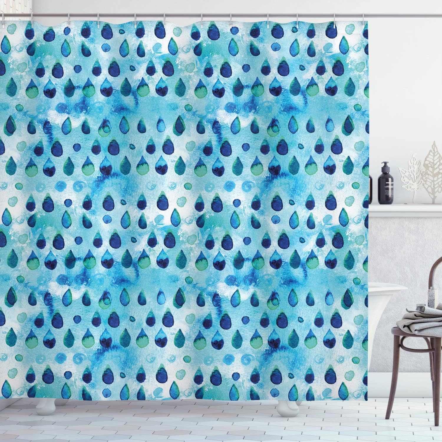 Ambesonne Navy and Teal Shower Curtain, Abstract Blue Watercolor Drops Aquarelle Art Rain Teardrop Quirky, Cloth Fabric Bathroom Decor Set with Hooks, 69" W x 75" L, Turquoise Navy