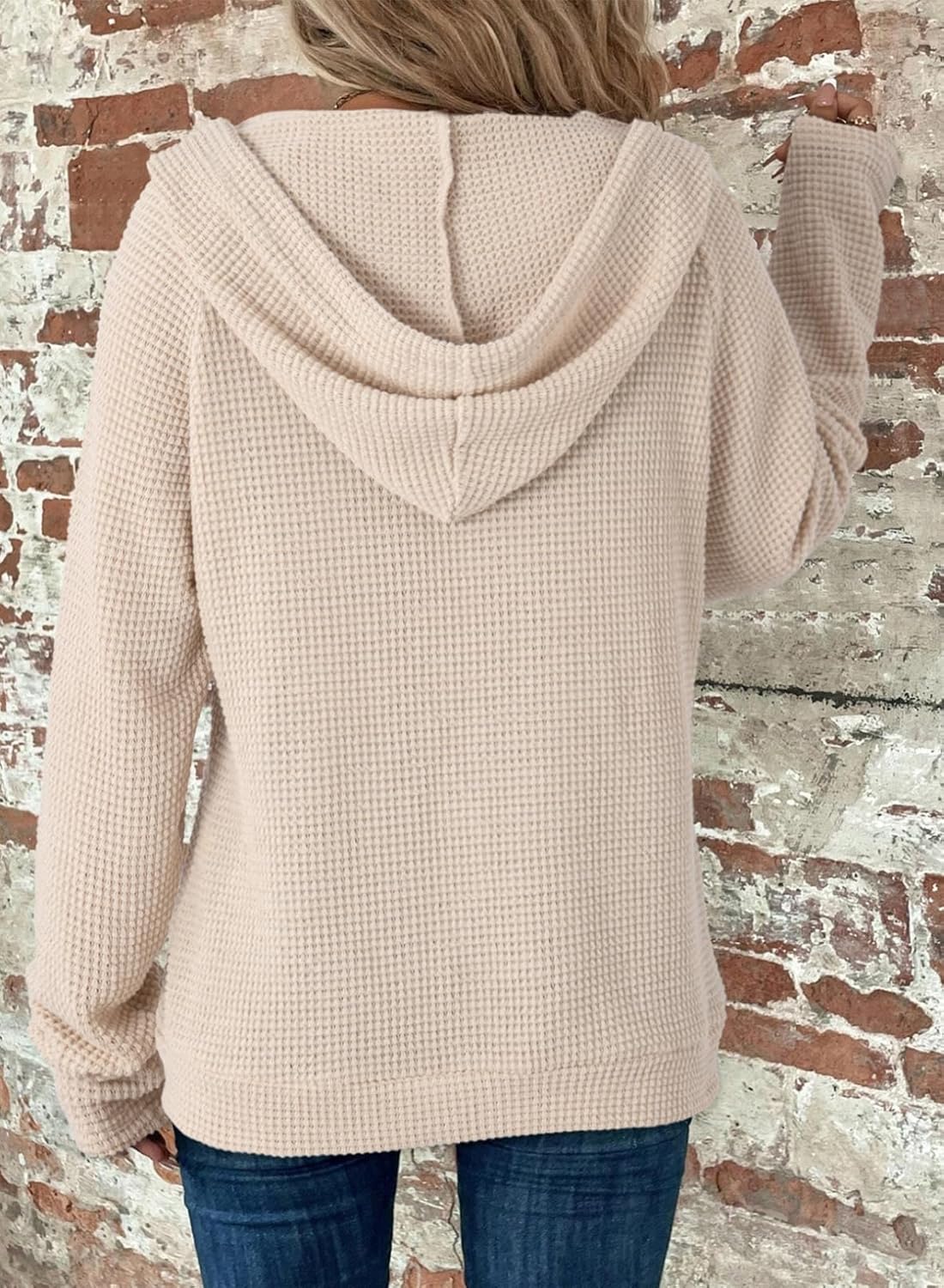 Dokotoo Women's Full Zip Up Hoodies Waffle Knit Long Sleeve Drawstring Casual Sweatshirt Hooded Tops - Image 2