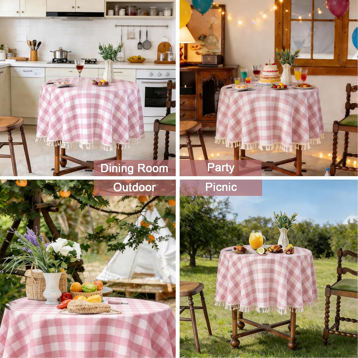 Alsoo Pink Gingham Tablecloth Round 60 inch, Summer Washable Checkered Plaid Table Cloth Cotton Linen Fabric for Mothers Valentine's Day Outdoor Picnic Party