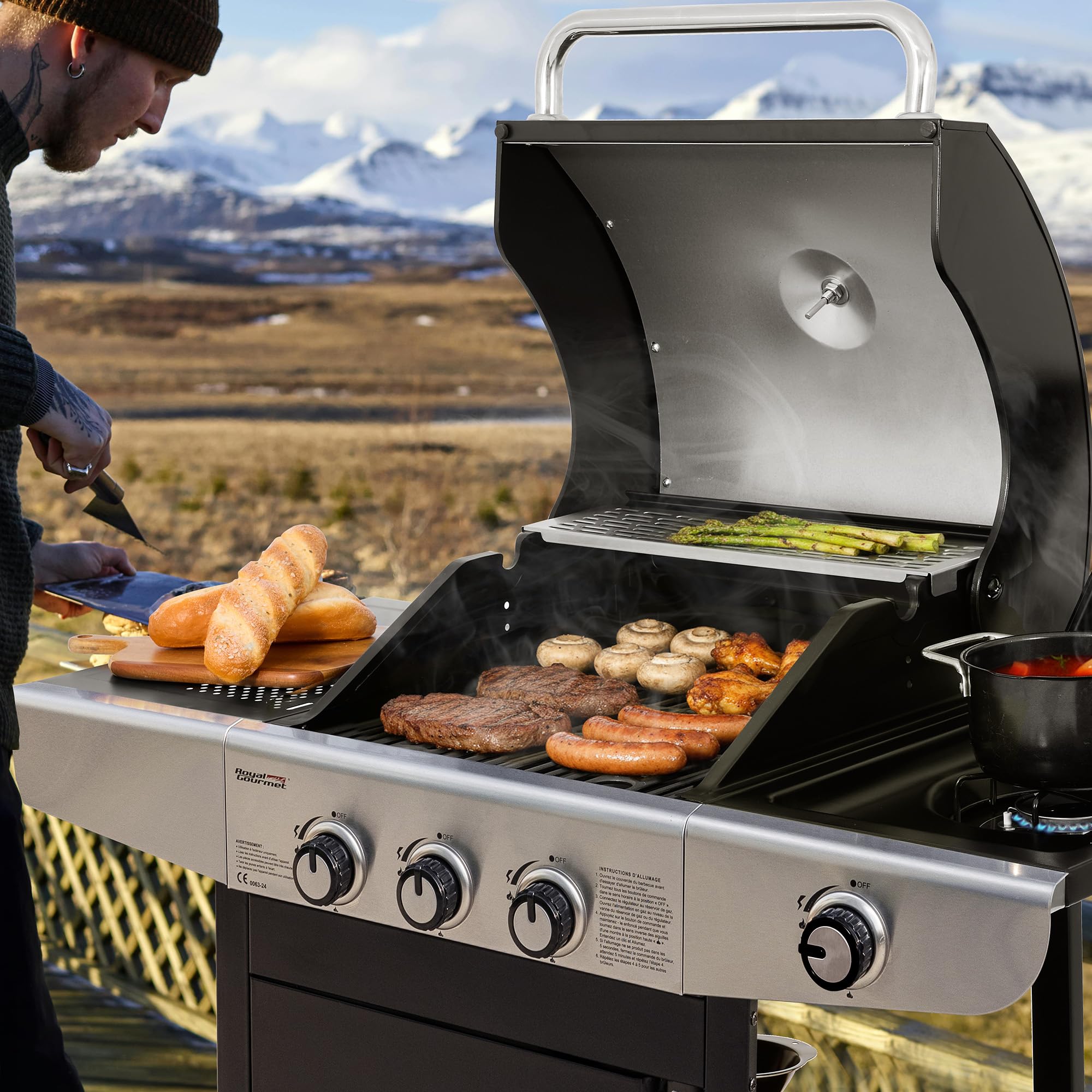 Royal Gourmet Barbecue Gaz à 3 Brûleurs avec Brûleur Latéral, Gril à Gaz sur Chariot de Puissance 11,5 KW avec 2 Grille en Fonte et 2 Tables d’Appoint, Adapté pour Jardin et Extérieure, Argent