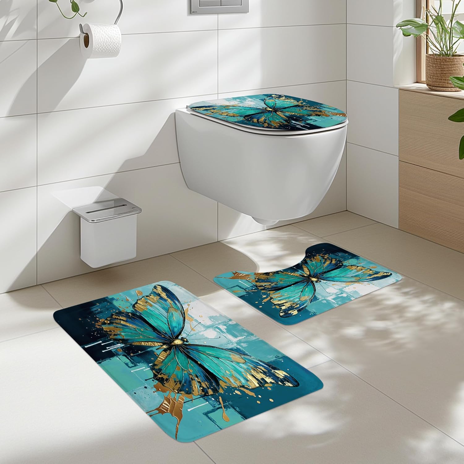 Cinbloo 4Pcs Teal Butterfly Shower Curtain Set, Modern Turquoise Gold Abstract Oil Painting Nature Bathroom Curtain with Rug, Toilet Lid Cover, Bath Mat, Aesthetic Shower Curtain with 12 Hooks
