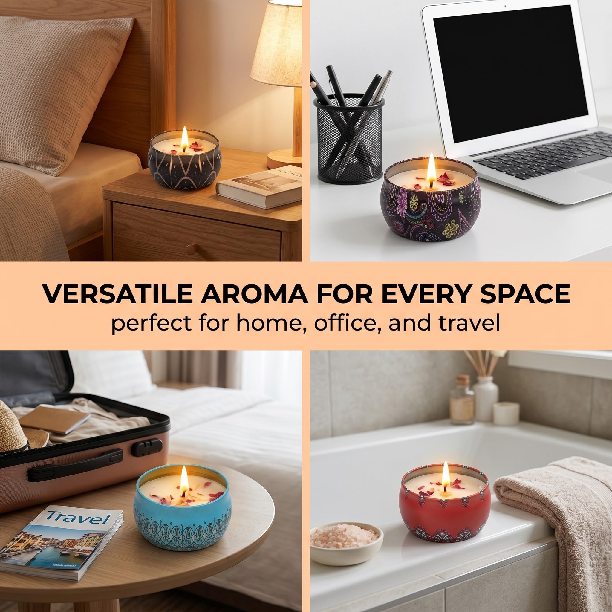 Set 6 Velas Perfumadas de Cera de Soja en Lata con Diseño Mandala, 6 Aromas Diferentes, Duración 15h, para Aromaterapia, Regalo para Mujer, Aniversario