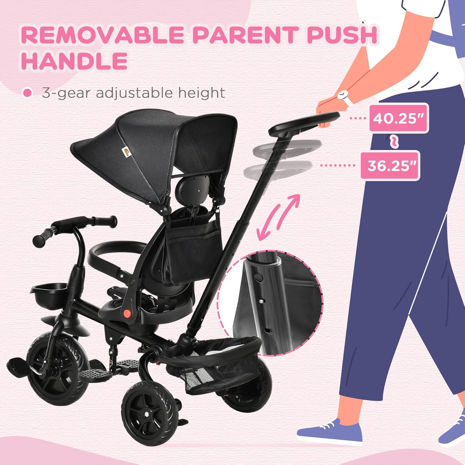 Qaba Kids Tricycle, 4 in 1 Foldable Trike with Reversible Seat, Adjustable Parent Handle, Safety Harness, Wheel Brakes, Removable Canopy, Storage, Tricycle for Toddlers 1-5 Years, Black