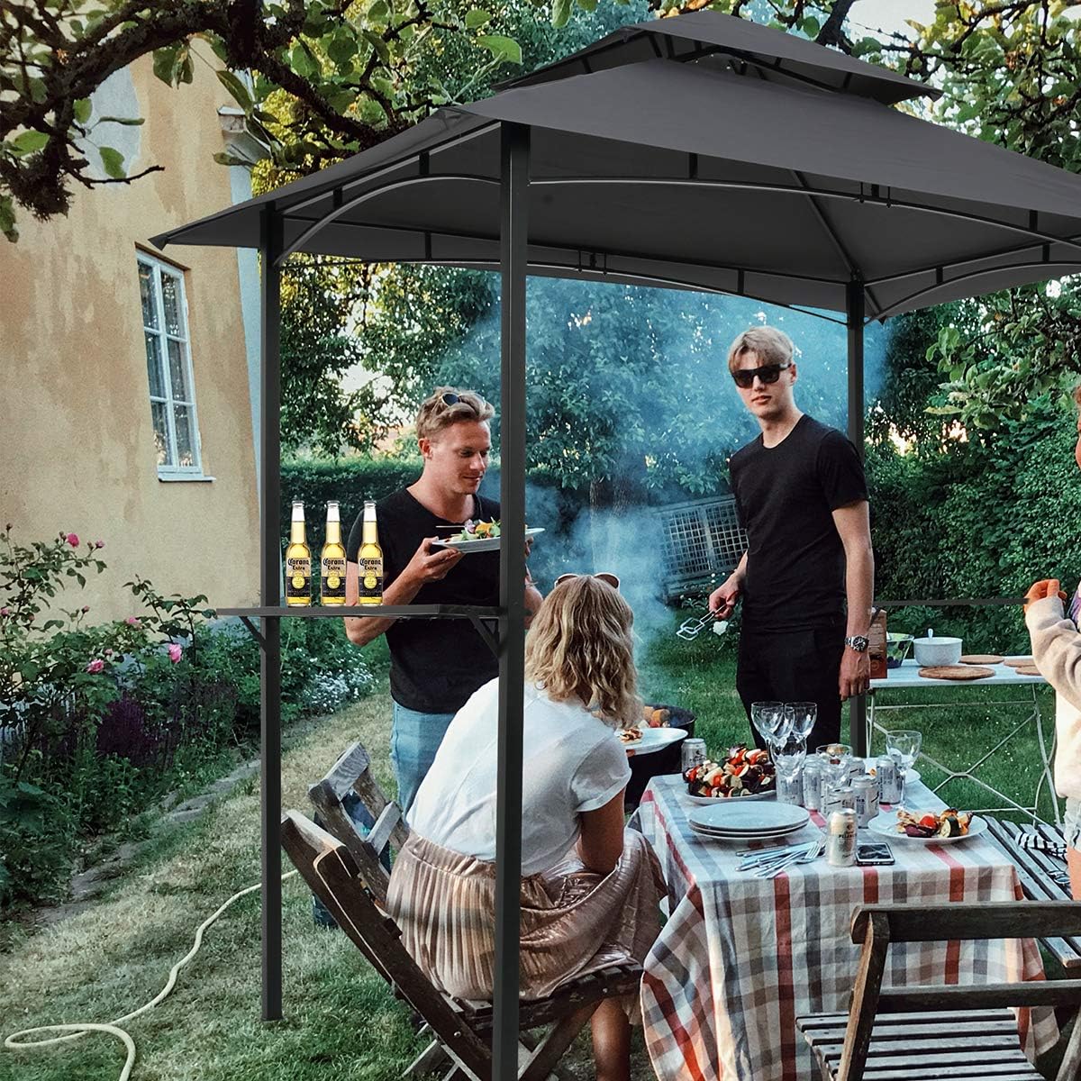 Outdoor BBQ Gazebo 8 x 5 Feet, Shelter Tent, Double Layer Soft Top Canopy & Steel Frame w/Hook & Bar, Grey (Black)