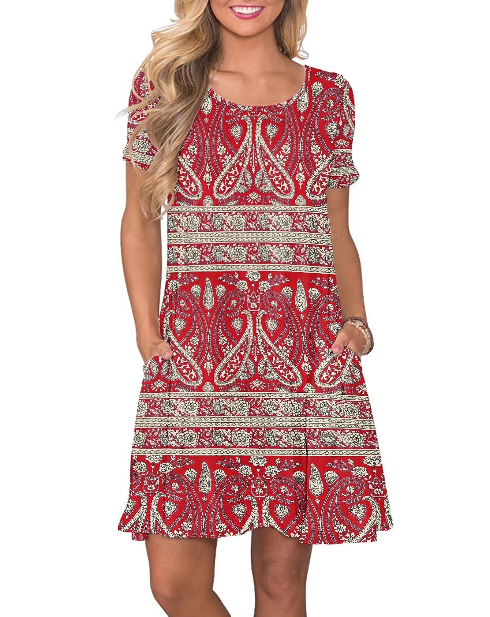 AUSELILY Women's Summer Short-Sleeve Shirt Dress, Short Summer Dress, Lightweight, Casual, with Pockets