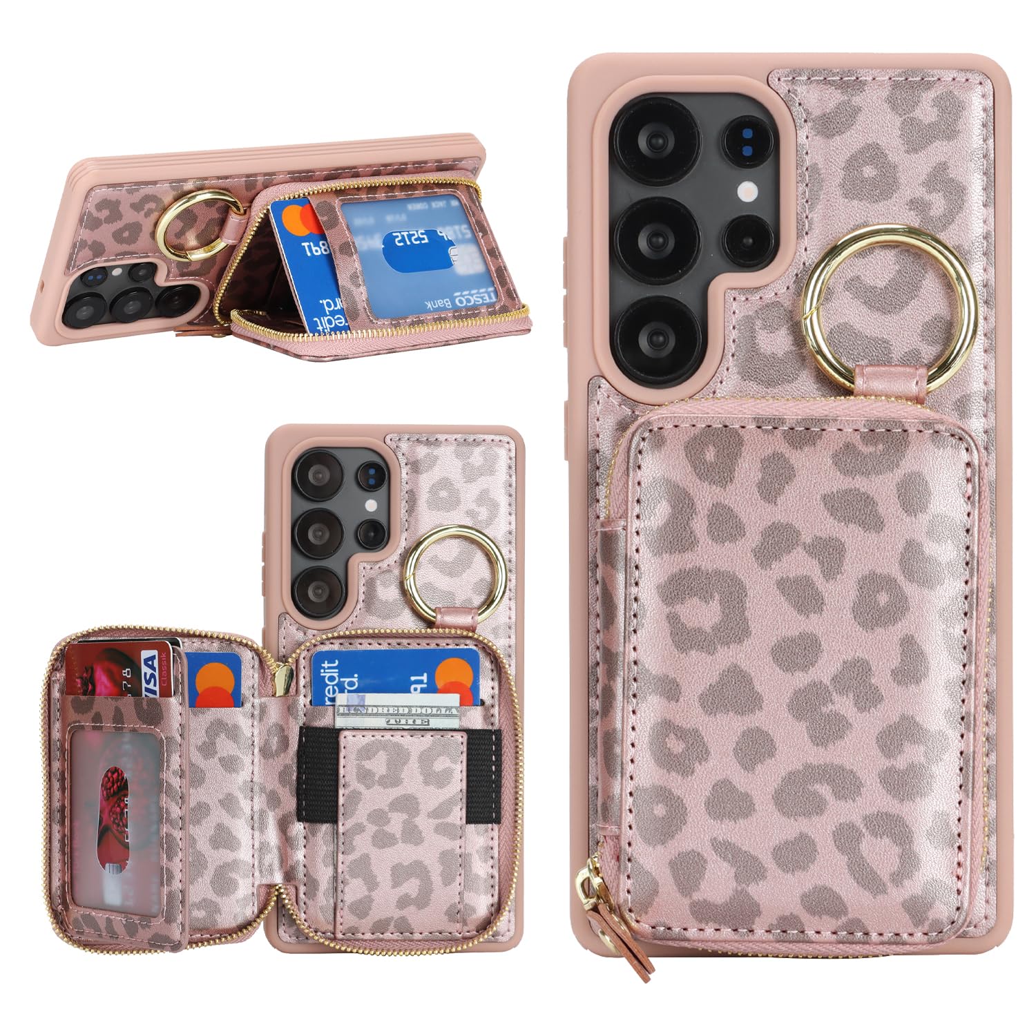 Etui do Galaxy S25 Ultra z uchwytem na karty, do Galaxy S25 Ultra etui na telefon portfel z zamkiem błyskawicznym z przegródką na podpórkę etui dla kobiet i mężczyzn 17.5 cm, różowe złoto
