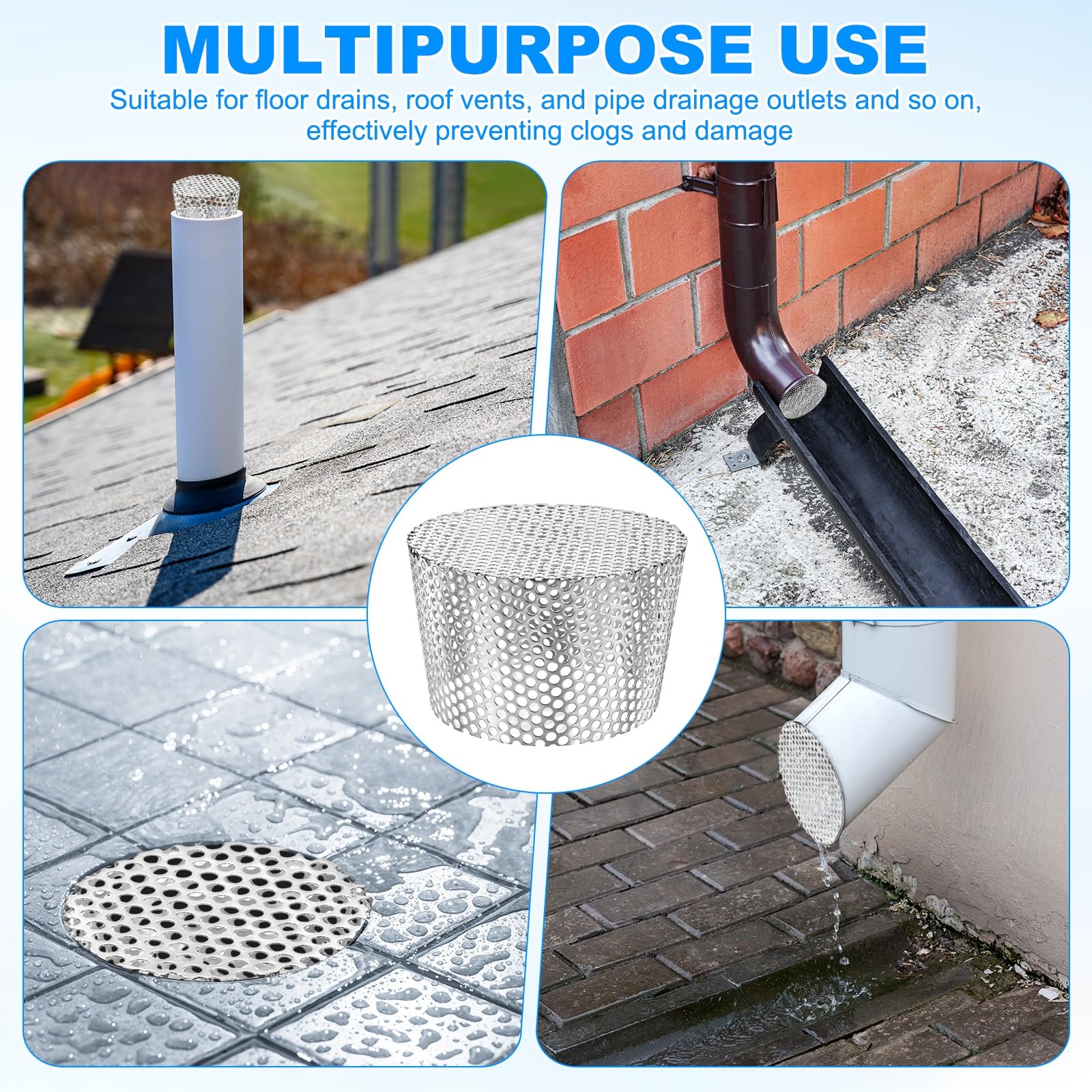 M METERXITY 2 Paquetes Terminación Malla Rejilla Ventilación Tapas, 6.3-5.31 Pulgadas ID Acero Inoxidable Cónico Escape Tubo Tapa Filtro para Prevenir Aves/Hojas/Escombros de Entrada [Plata]