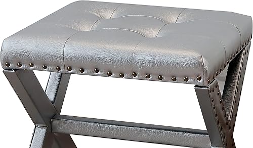 Miniatura 4 de AC Pacific Modern Chic - Taburete tapizado con tela de lino suave, ribete de cabeza de clavo, asiento copetudo y marco de madera maciza, 17 pulgadas