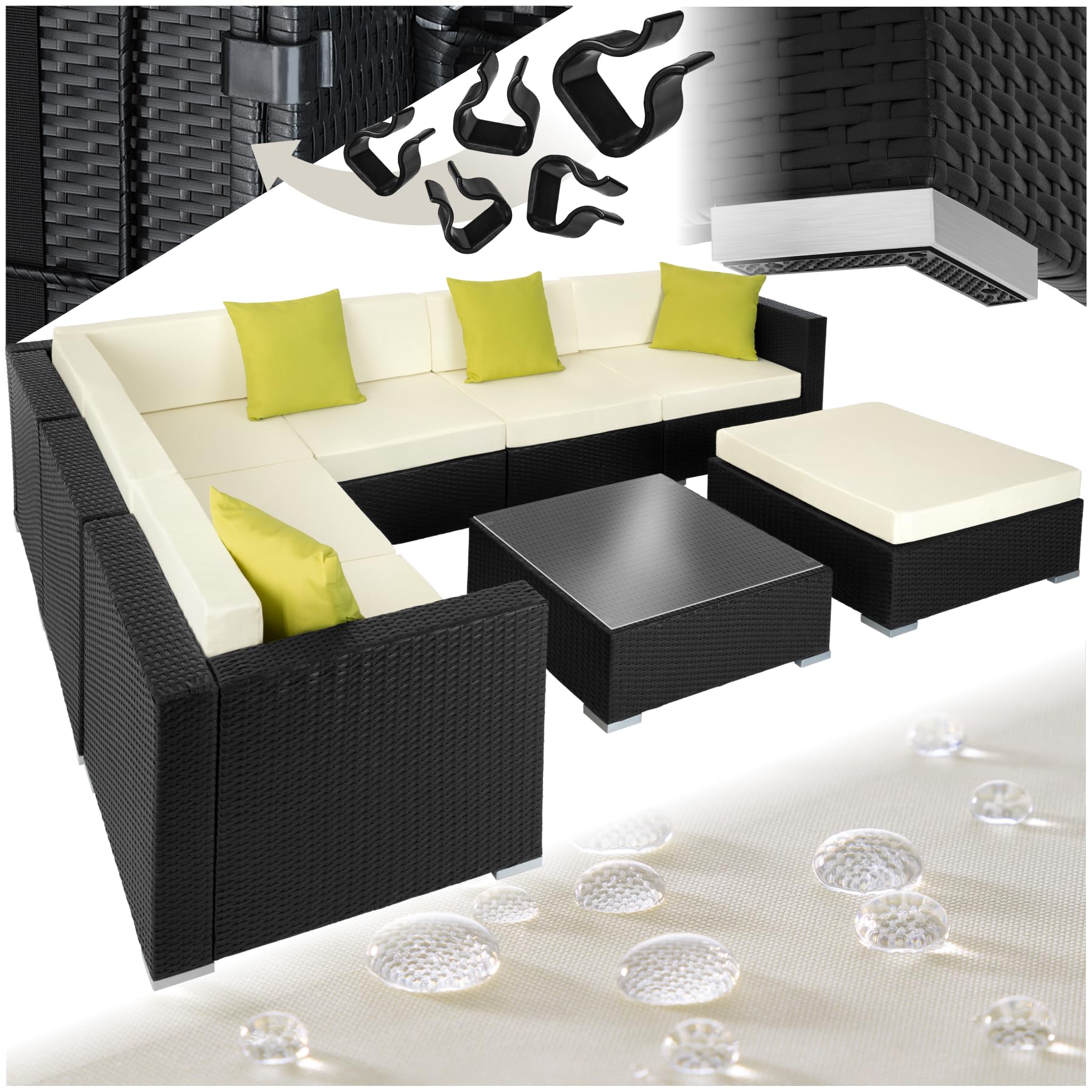 tectake® Conjunto Jardín de Ratán y Aluminio con Cojines (+4 Adicionales), Conjunto Terraza Resistente a la Intemperie y Combinable, Muebles Jardín Exterior 6 Sillones, 1 Puf, 1 Mesa Cristal - Negro