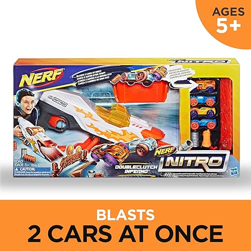 Miniatura 2 de NERF Doubleclutch Inferno Nitro Toy incluye blaster, 4 coches de cuerpo de espuma, doble objetivo reactivo, doble rampa y 8 obstáculos para niños de