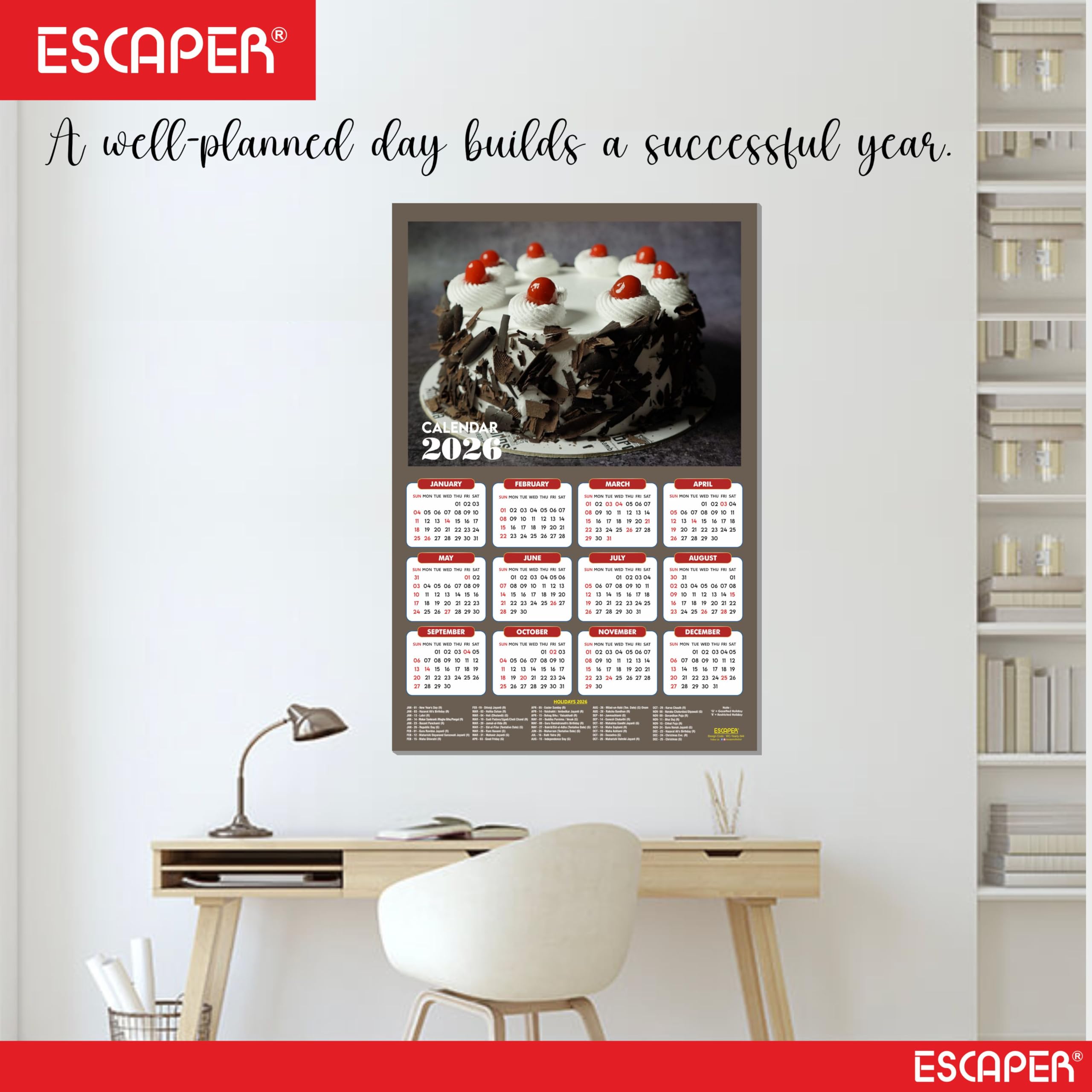 ESCAPER Calendario de pared 2026 con platos de comida, 45 x 30 cm, panadería, cafetería, pizza, comida rápida y cocina china, calendario de decoración de pared para el hogar, cocina y restaurante