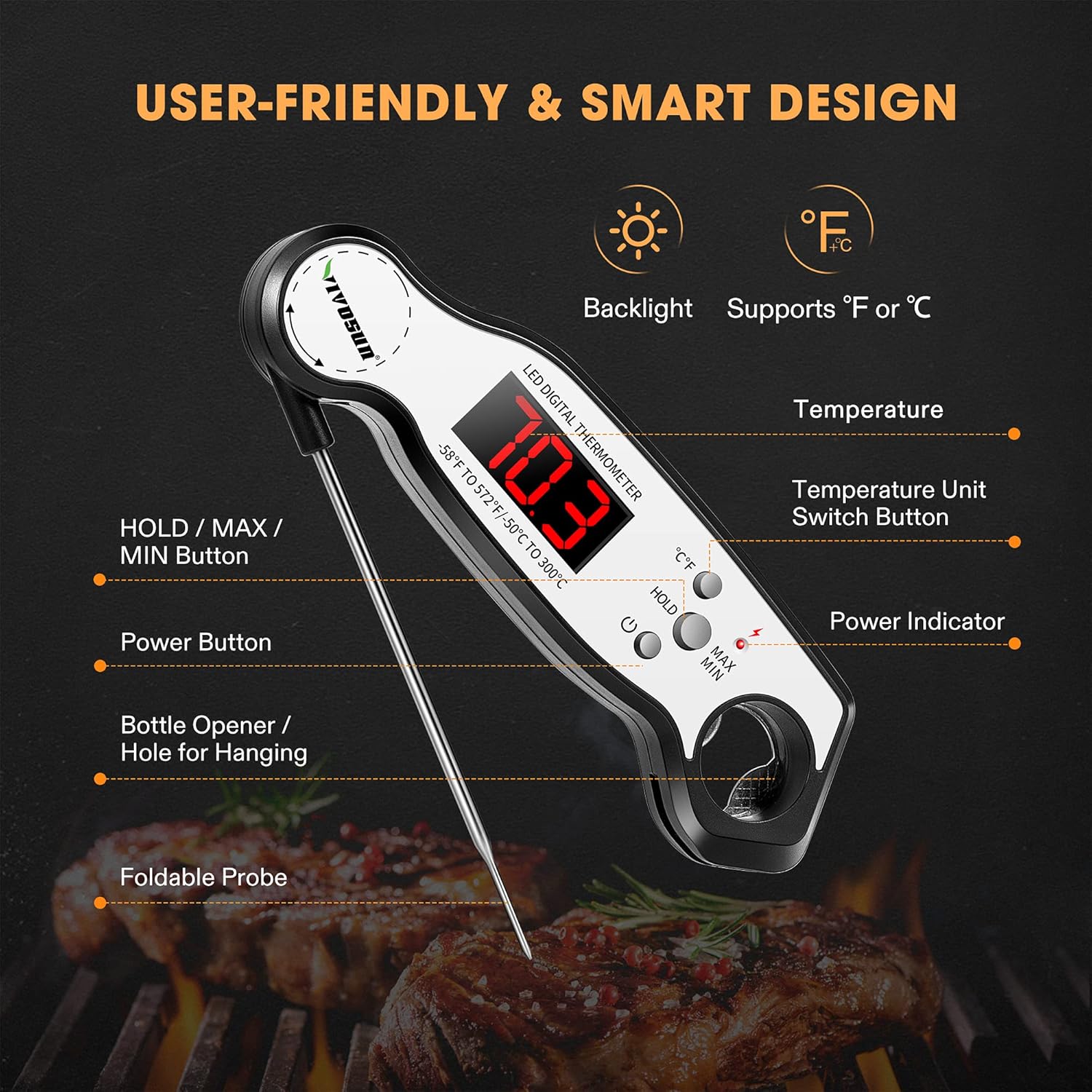 review VIVOSUN Meat Thermometer Instant Read with LED Backlight Display and Foldable Probe, Waterproof Food Thermometer with 2s High Precision Sensor for Cooking, Steak, Turkey, Baking, and BBQ