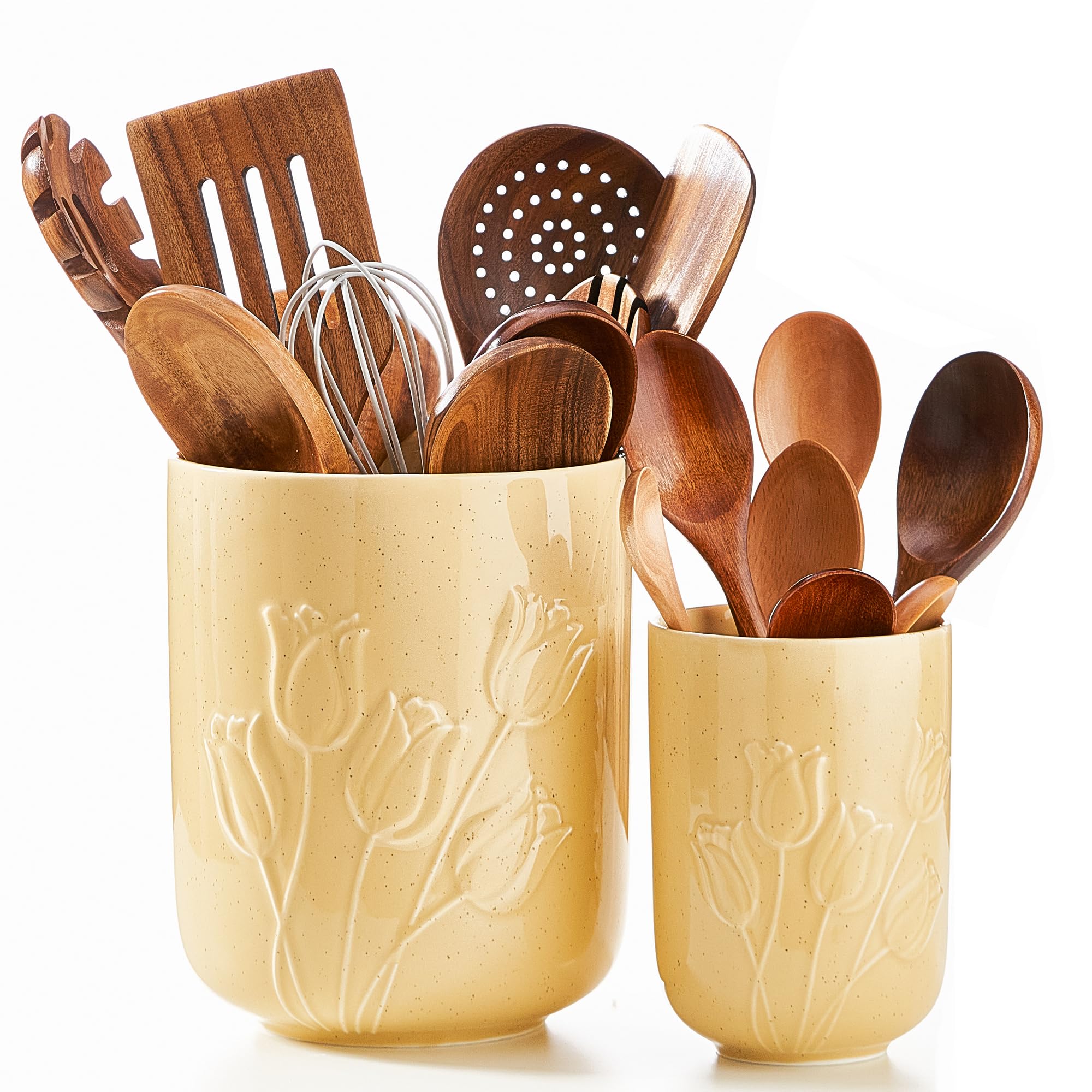 Tulips Beige Ceramic Utensil Holder Set, Large Kitchen Utensil Crocks – Modern Countertop Organizer for Cooking Utensils, Spatula, Spoons | Practical Kitchen Co