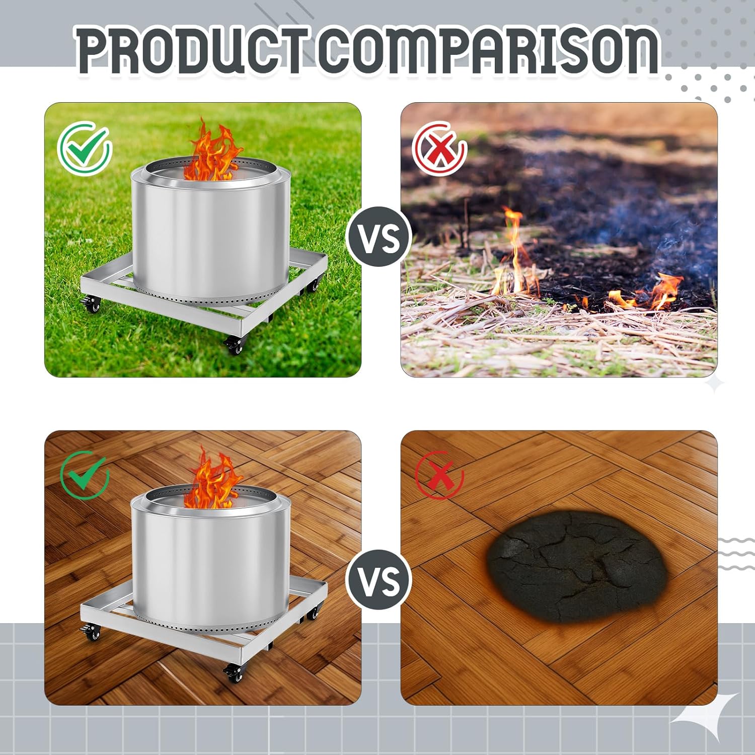 1 pcs heavy fire pit base with wheels x23.5 inch for surface protection, stainless steel, fit with solid base fire pits, movable heat protection heavy duty accessory for grass, outdoor from damage