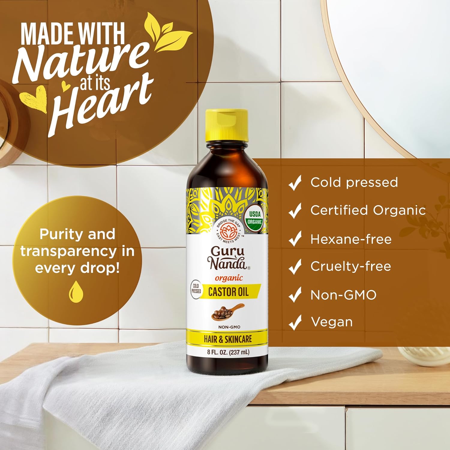 GuruNanda Castor Oil Organic USDA Certified (8 Fl oz) - 100% Pure & Natural, Cold Pressed & Hexane-Free, Hydrating Carrier Oil for Skin, Hair, Eyebrows & Eyelashes Growth (Pack of 2)