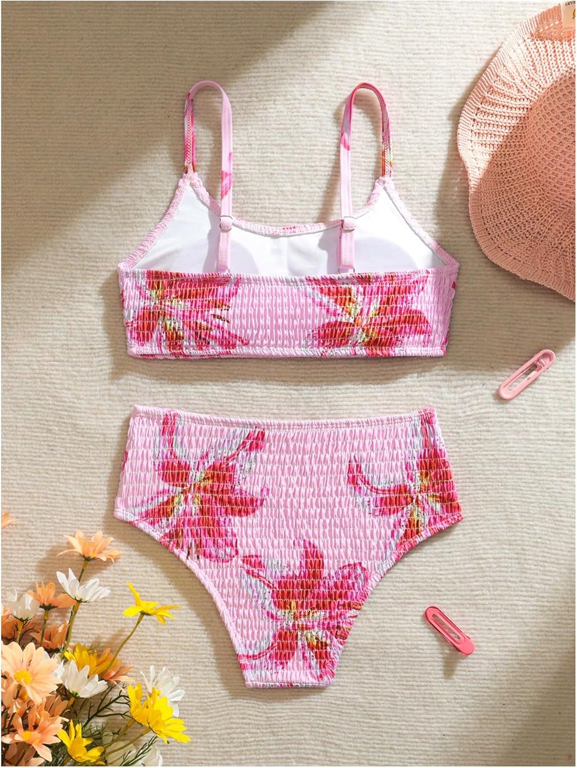 Girl's 2 Piece Floral High Waisted Swimsuit Smocked Wireless Bathing Suit Boho Holiday Beachwear Set - Image 2