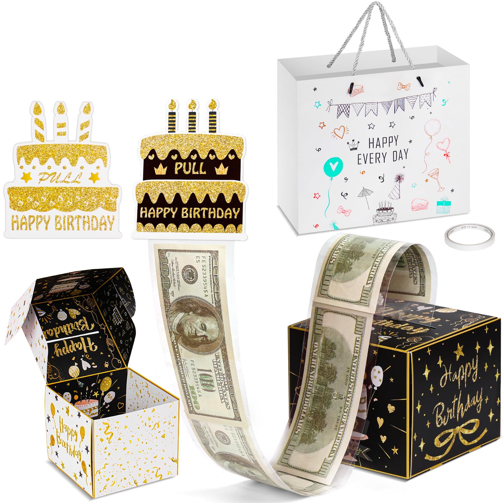 Comkrivy Cash Gift Pull Box Surprise Money Box with 2 Birthday Cards, 100 Pcs Transparent Bags, 2 Sided Tape and Gift Bag for Kids and Adults