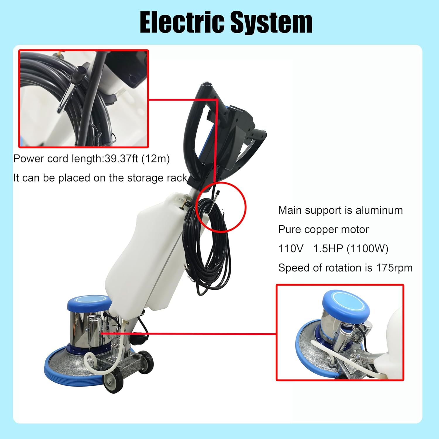 Floor Scrubber Buffer Heavy Duty Polisher Machine Polished Waxed Refurbished Tile Scrubber Cleaner Wood Marble Cement Pavement Epoxy Rubber Carpet Blue 110V Commercial Industrial Domestic