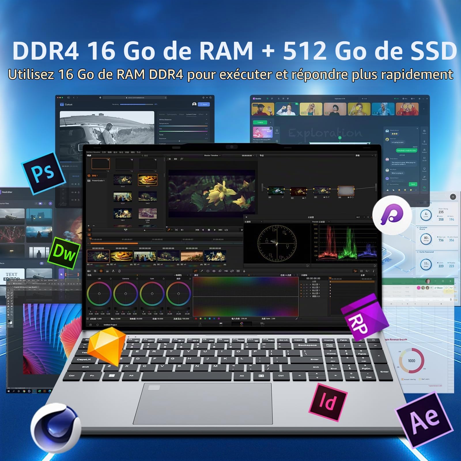 15,6 Pouces Ordinateur Portable avec Celeron N150 Processeur, PC Portable Win 11 16Go DDR4 RAM 512Go SSD, Laptop avec Clavier Rétroéclairé/Déverrouillage Empreinte Digitale, Laptop WiFI5 USB3.0 HDMI