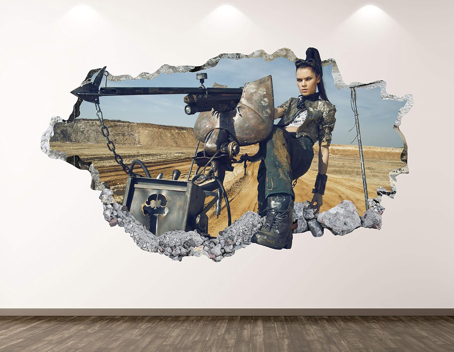 Woman Warrior Wall Decal Art Decor 3D Smashed Warrior Girl in Futuristic Clothes with Car Sticker Poster Kids Room Mural Custom Gift BL2122 (30"W x 18"H)