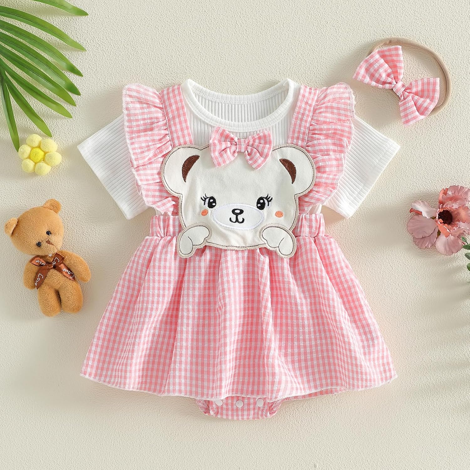 Newborn Baby Girl Clothes Cute Bear Ribbed Short Sleeve Romper Dress Infant Ruffle Plaid Skirt Summer Spring Outfit - Image 7