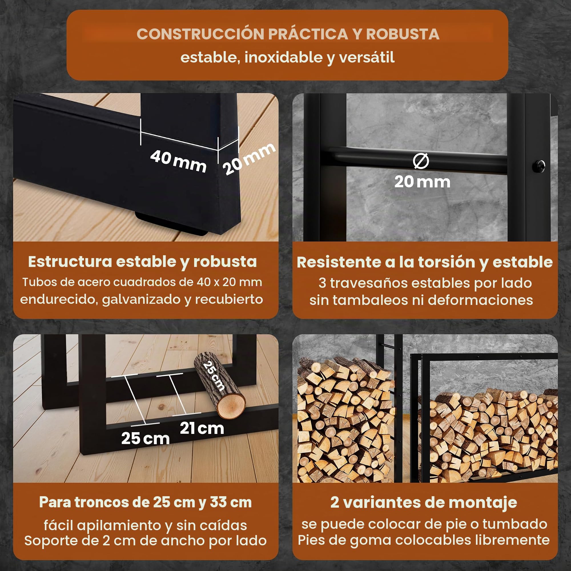 BLACK OAK Jack - Estantería para leña (150 x 100 x 25 cm, para interior y exterior, hasta 800 kg, marco de acero con recubrimiento en polvo, inoxidable, para leña