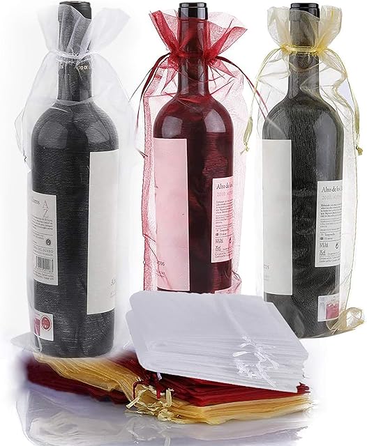 30pcs Wine Bags Organza, 37 * 14 cm, Wine Bottle Gift Bag with Drawstring for Wine Champagne Wedding Birthday Christmas Party Festival Gift Favors Decor (Red+Gold+White, 750ML)