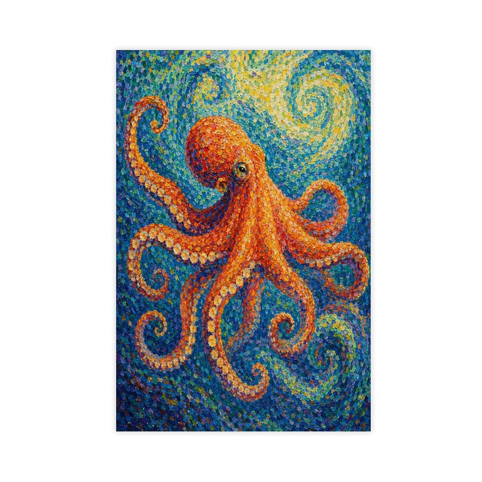 W7c8u2x3 Unframe-Style-8 Orange Octopus Canvas Wall Art, Pointillist Ocean Impressionist