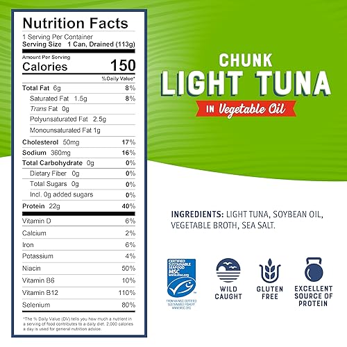 Miniatura 2 de Bumble Bee Chunk Light Atún en aceite, latas de 5 onzas (paquete de 48)  Atún capturado silvestre  0.08 onzas de proteína por porción, proyecto