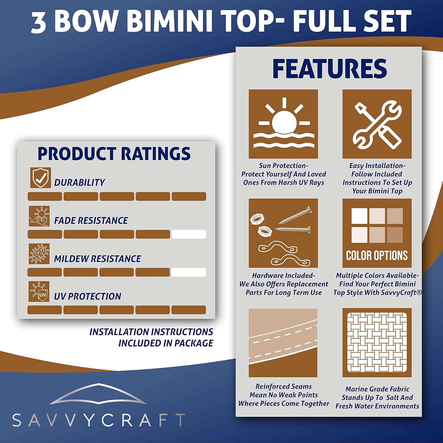 SavvyCraft 3 Bow Bimini Top Cover for Boat 6ft Long, Aluminum Frame with Storage Boot, Rear Support Poles Mounting Hardwares Included, 72" Long 36" 46" 54" 3 Height Options