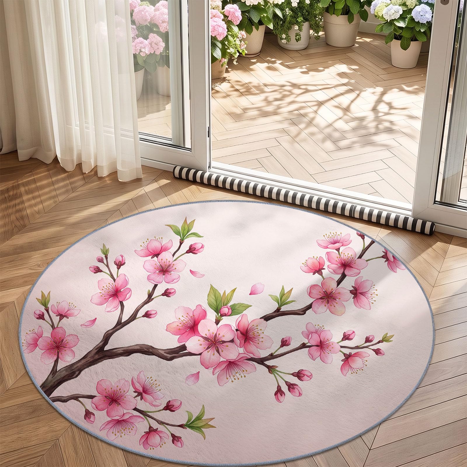 Générique Tapis Chambre Enfant Bébé Fille Garçon Rond 180 cm Plantes Et Fleurs Branches De Fleurs De Cerisier Minimalistes - Grand Doux Rampant pour Petite Chambre d'enfant Salon, Rose