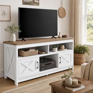 YITAHOME Farmhouse TV Stand for 65" TV, Zoned Open Shelf, X Panels