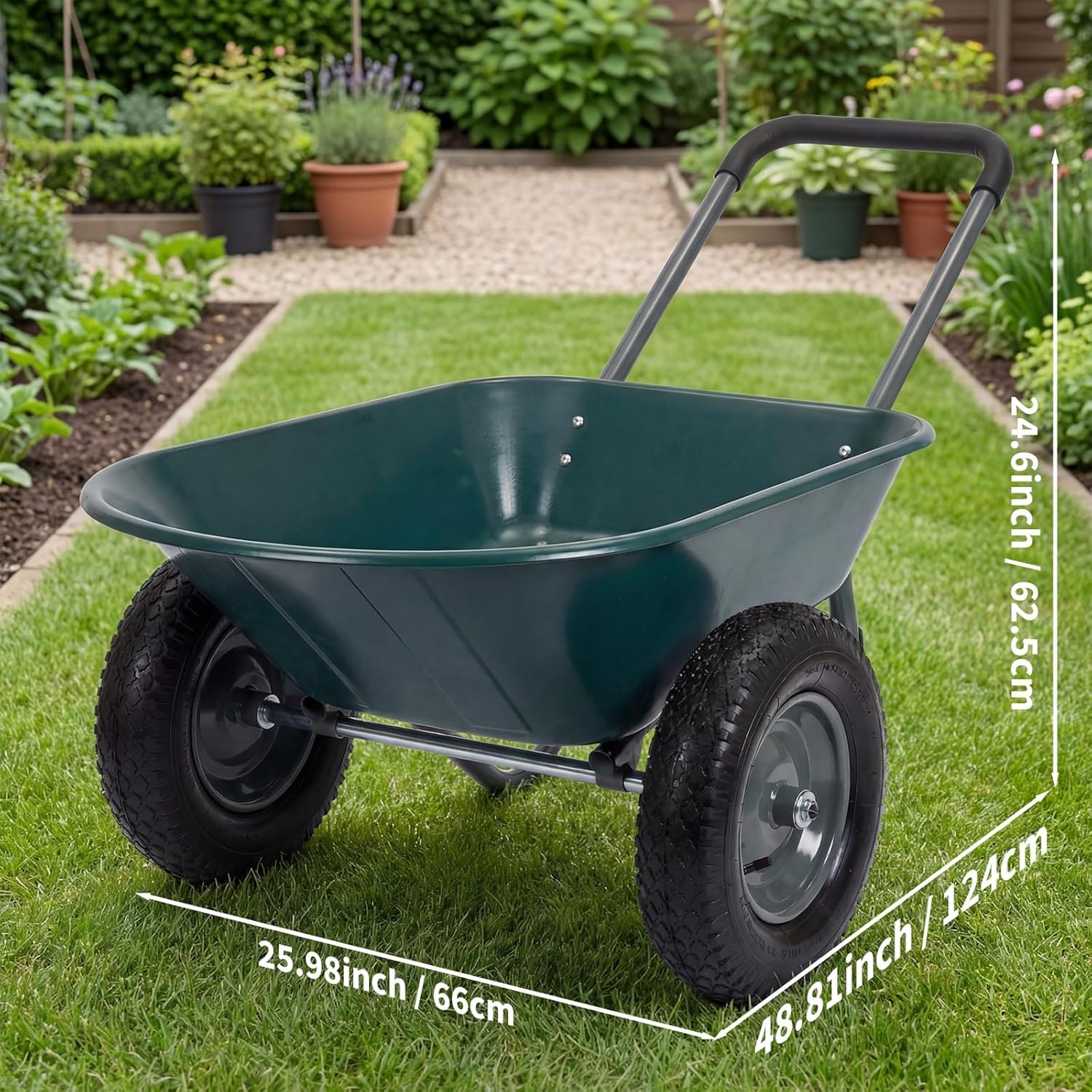 Brouette avec 2 Roues Chariot pour Jardinage de Transport Chariot de Jardin à Main Robuste Béquille Capacité de Charge 270kg Remorque Jardinerie Utilitaire pour ExtéRieuréRieur Pelouse la Terre, Vert