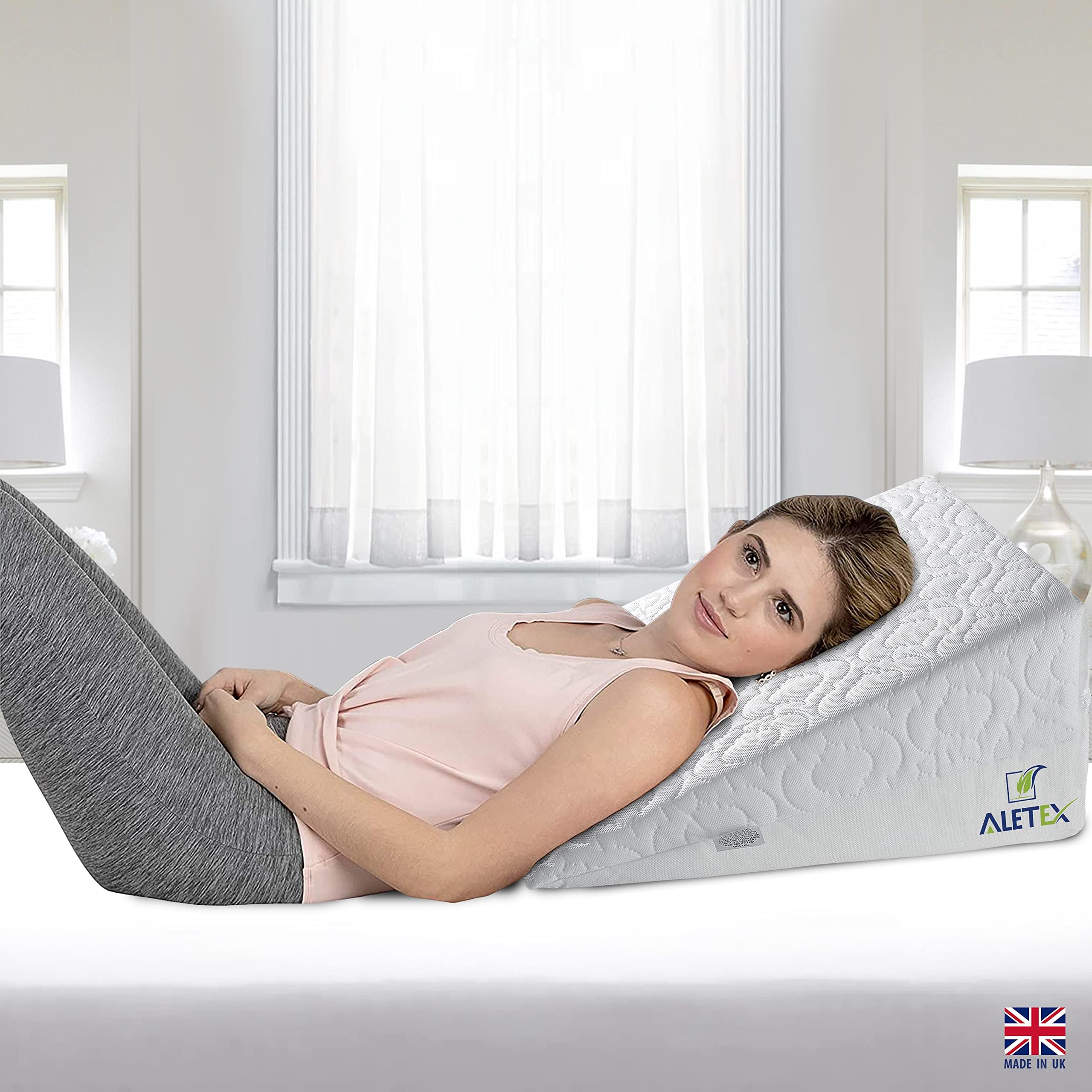 Aletex Orthopedic Bed Wedge Pillow โ Made in UK โ Back Support Pillow for Bed, Leg Elevation, Reading, Acid Reflux Pillow and back rest for bed - Removable & Washable Cover, White, 50x46x28