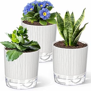 3 Pack Self Watering Plant Pots Indoor, 16cm Auto Watering Planter with Wick Rope and Reservoir, Plastic Plant Pots for House Plants, Herbs, Pothos, Snake Plants, Peace Lily, Orchid