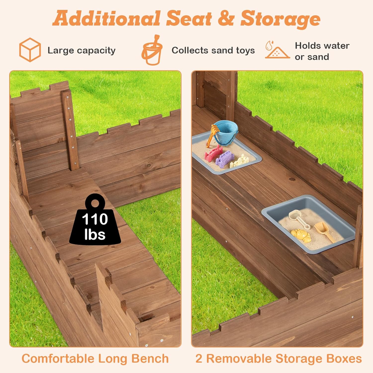 HONEY JOY Kids Sandbox, Cedar Bottomless Sand Pit for Backyard, 4 Red Flags & Bottom Liner, Side Bench & 2 Boxes, Wooden Sand Boxes for Kids Outdoor, Garden, Beach, Gift for Boys Girls
