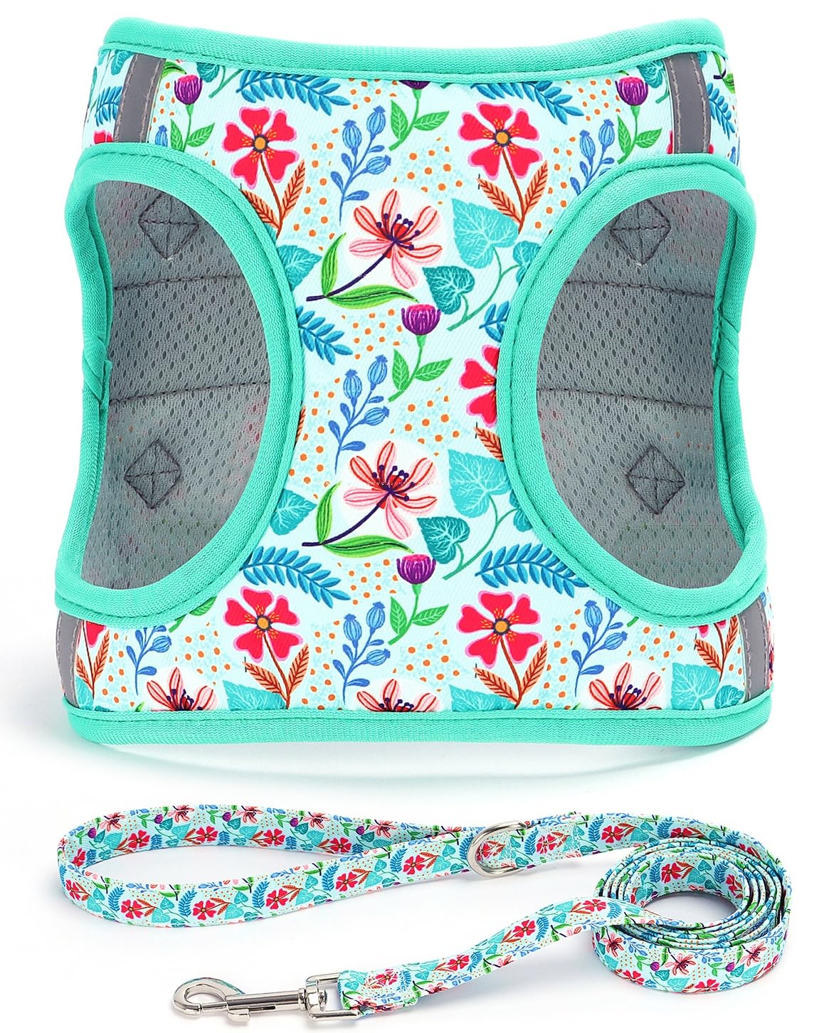 Moonpet Step in Dog Harness Leash Set- All Weather Reflective No-Pull Floral Pattern Padded Mesh Vest Harness for Cats Puppy Extra-Small Small Medium