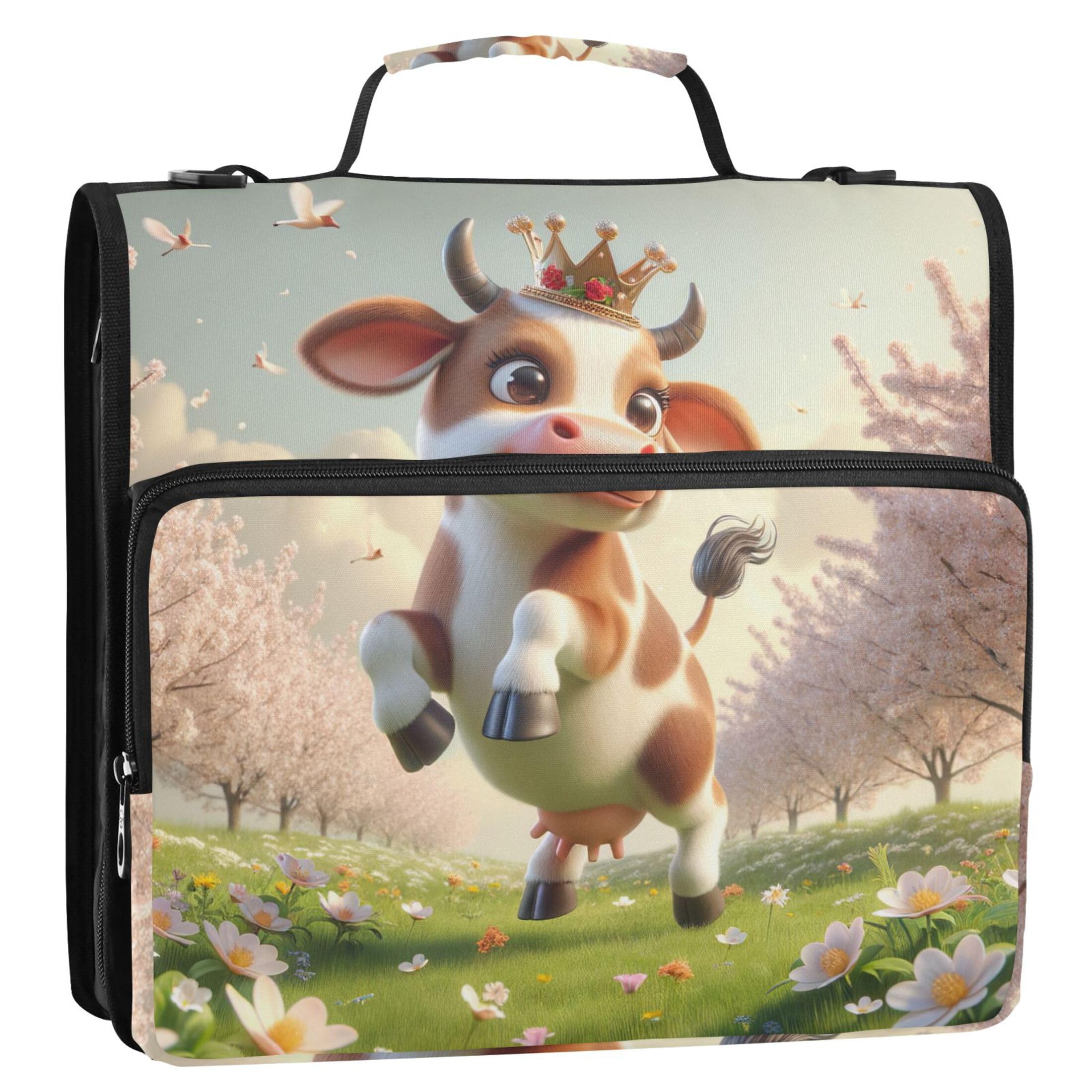 Happy Cow Print Floral Zipper Binder Organizer 1.5 Inch Binders 3 Ring Heavy Duty School Binder Bag with Shoulder Strap Storage Portfolio Case with Handle — image 1